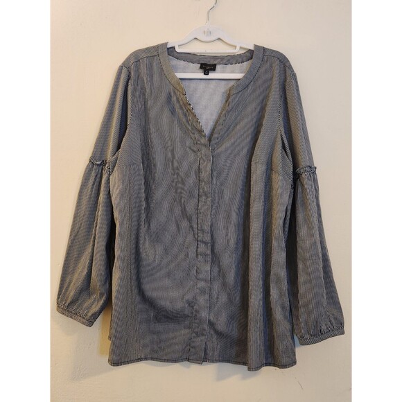 Talbots Woman 1X Cotton Blend Pinstriped Ruffle V-Neck Sleeve Button-Up Shirt‎ - Picture 1 of 8